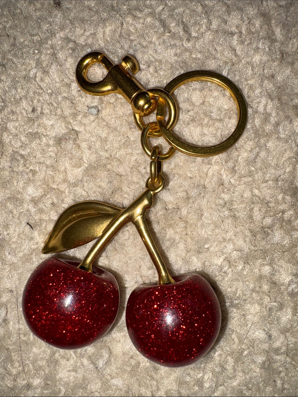 Gold-Tone Cherry Keychain with Red Glitter Cherries